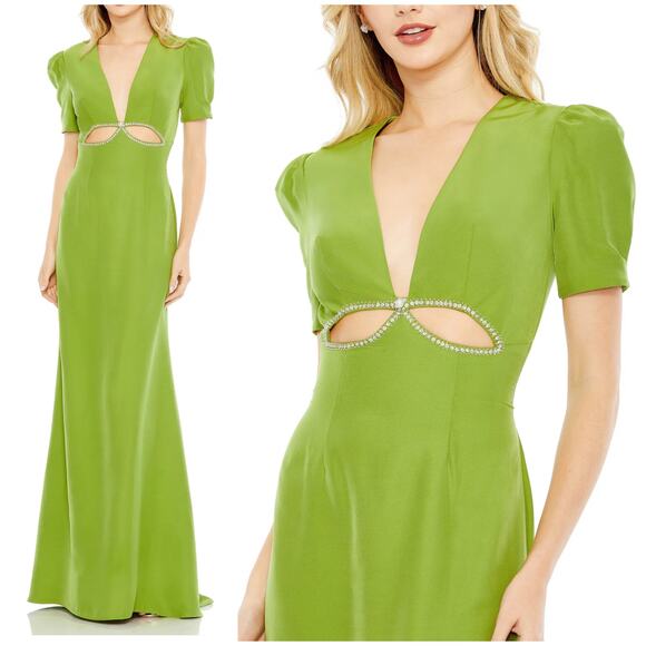 Mac Duggal NWT Plunge Neck Puff Sleeve Beaded Cut Out Gown Green Apple Size 2 - Picture 1 of 11
